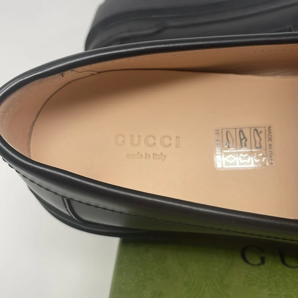 Gucci Sherlin Moccasin Millennial Ribot Black Gold Logo Leather Loafers Size 40